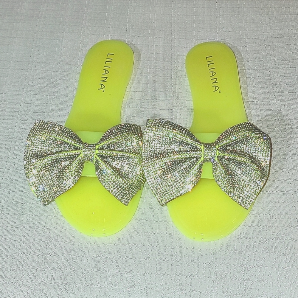 Liliana Rhinestone Embellished Bow Neon Jelly Slides Sandals